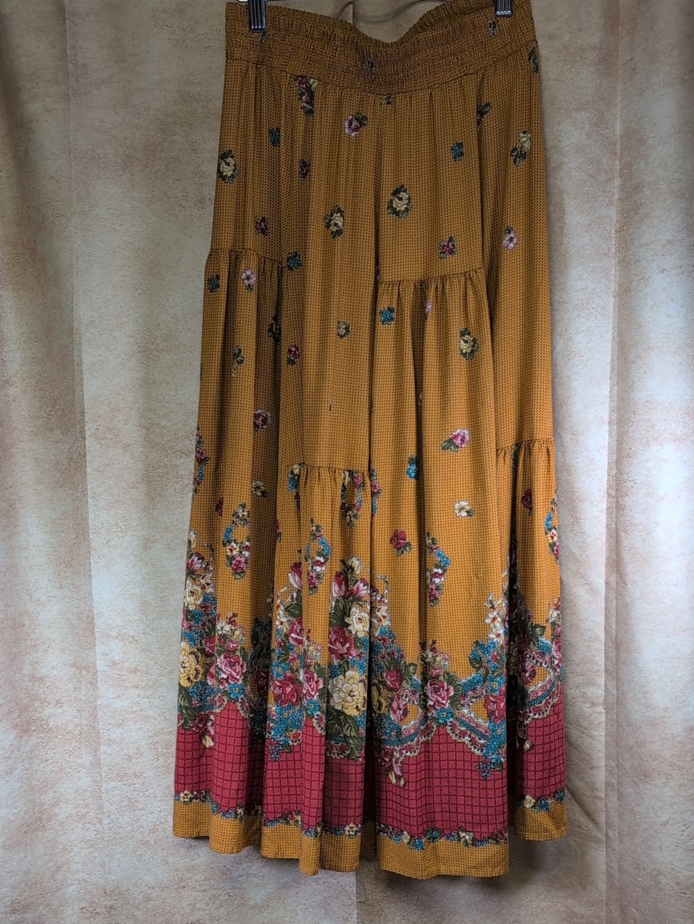 Carole Little Mustard Tiered Maxi Skirt with Floral Border